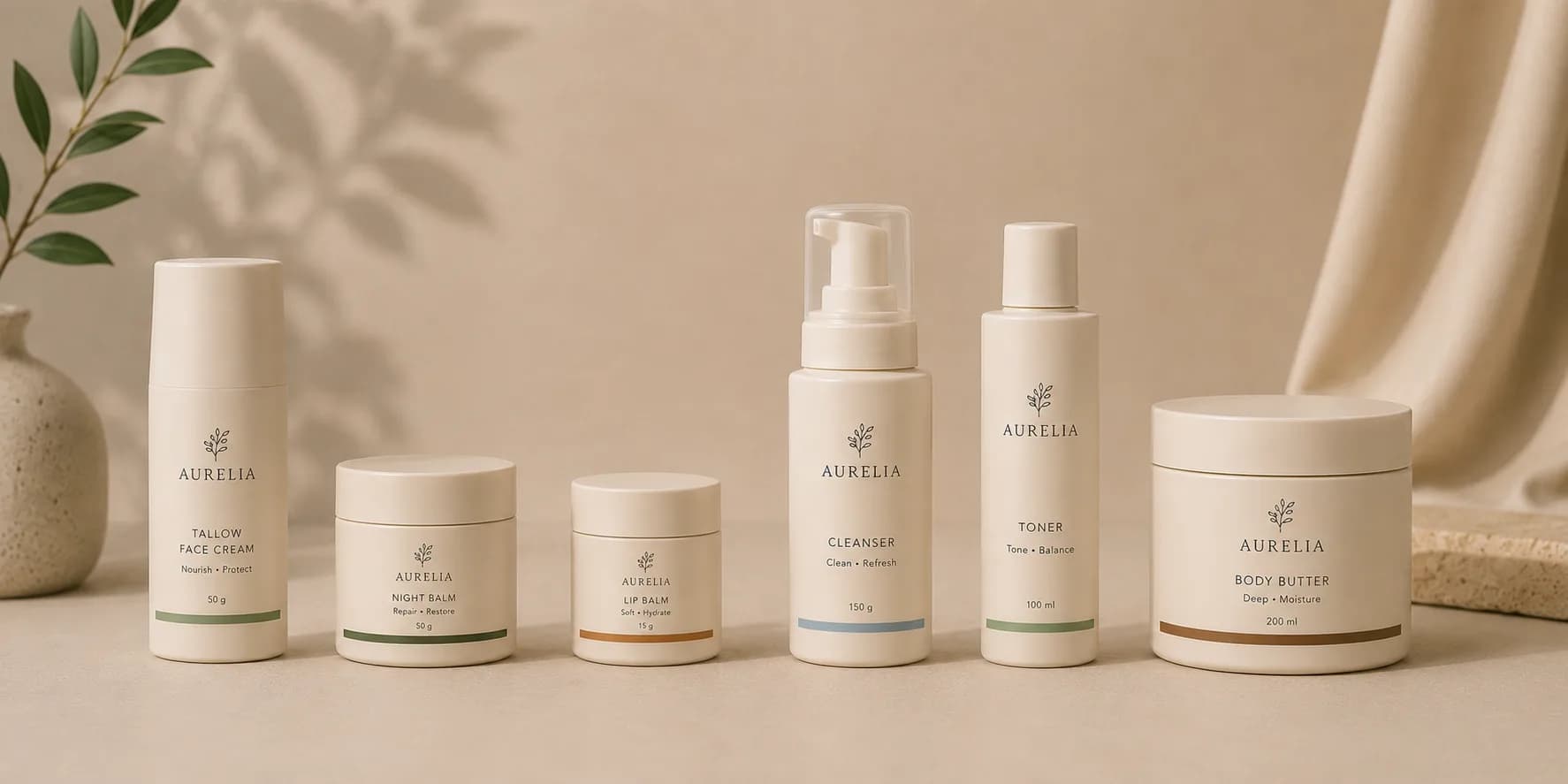 The Aurelia collection — six tallow skincare essentials in cream vessels