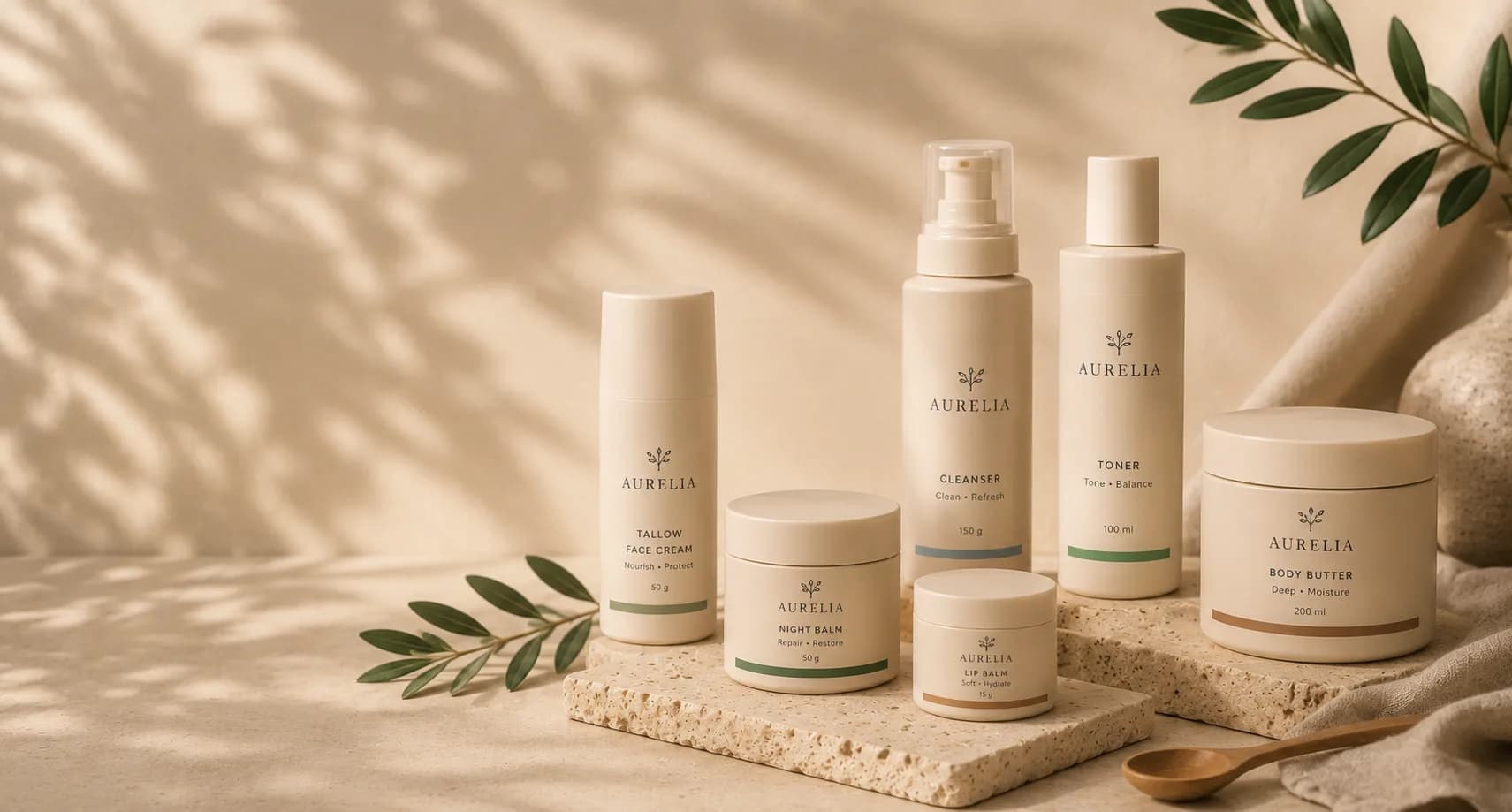 Aurelia products arranged on travertine with olive branches and a wooden spoon